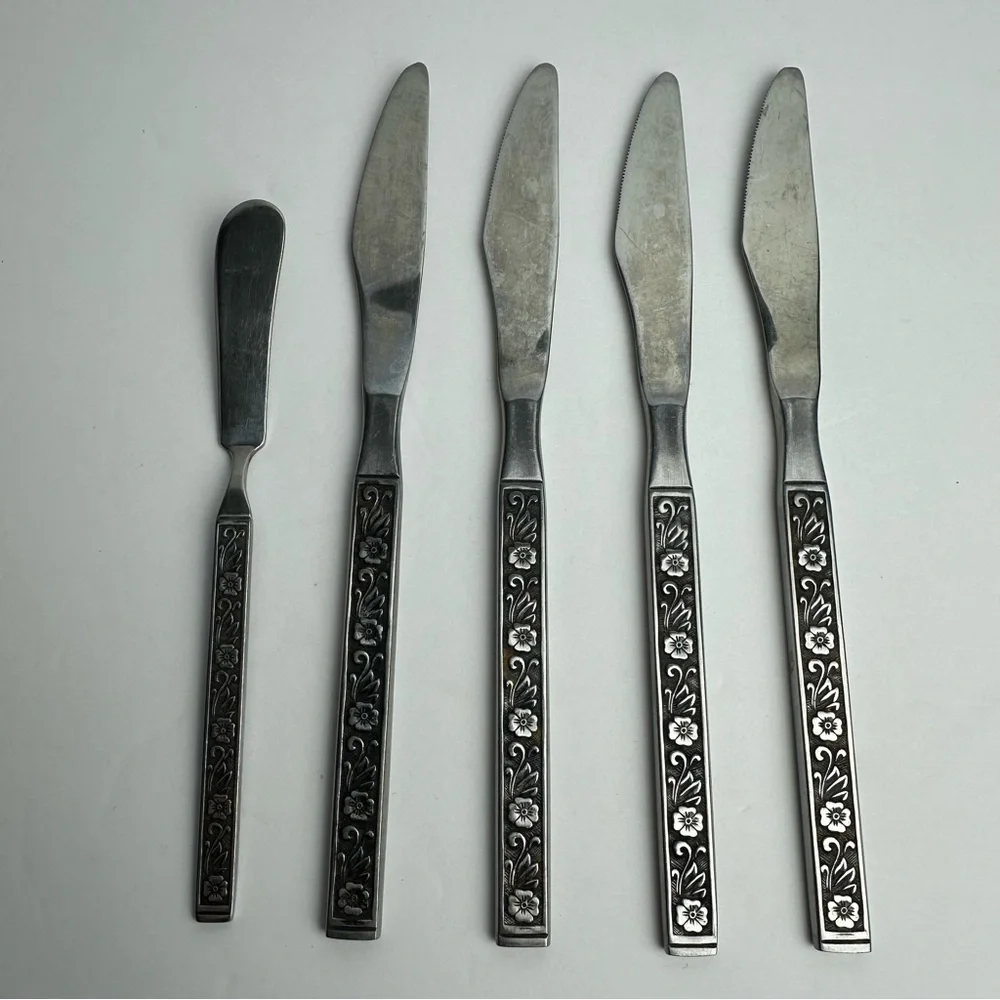 Vintage Gold Standard Night Blossom Table Knives (4) & Butter Knife (1) Japan